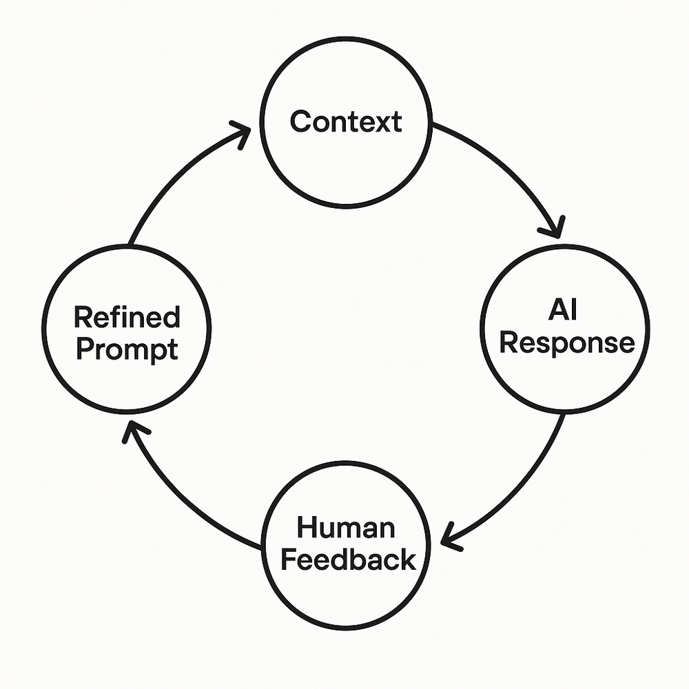 Circular flowchart showing Context → Prompt → AI Response → Human Feedback → Refined Prompt