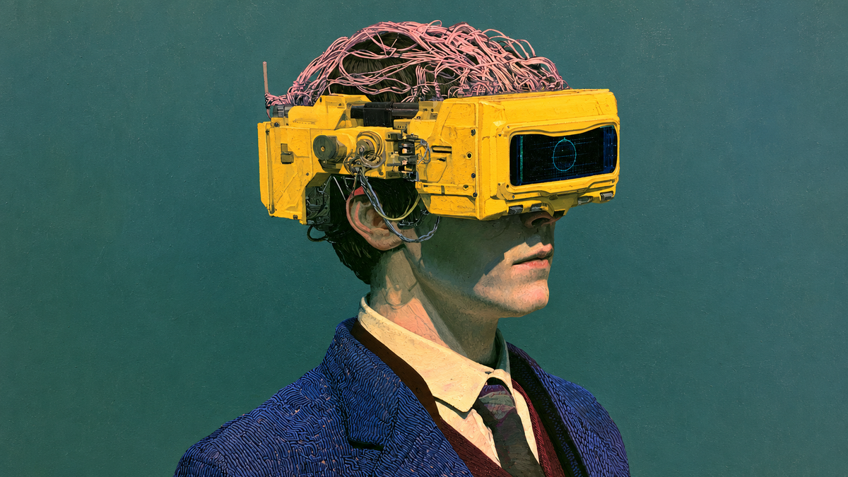 A person wearing a bright yellow mechanical visor wired into a tangled crown of cables.